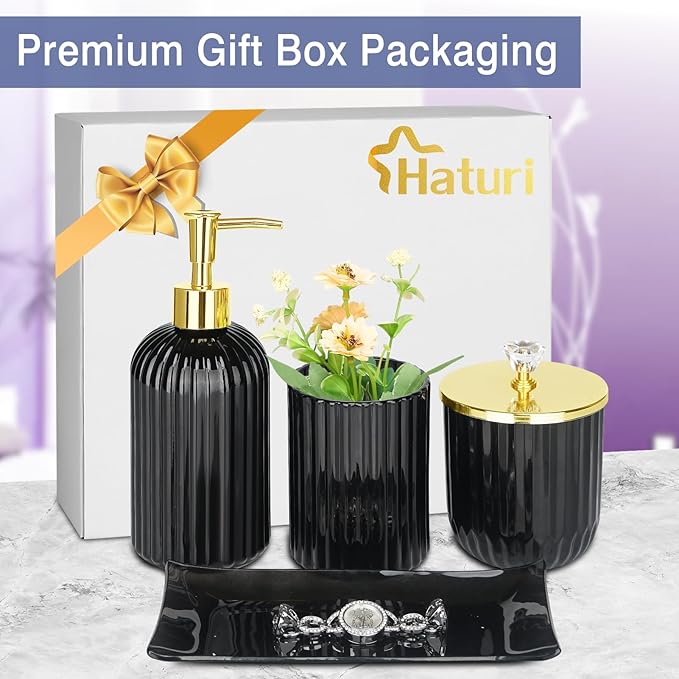 Haturi Bathroom Accessories Set, 4Pcs Black Glass Bathroom Accessories Sets Complete w/Lotion Soap Dispenser, Toothbrush Holder, Apothecary Jar, Vanity Tray, Bathroom Decor, Gift for Home Apartment