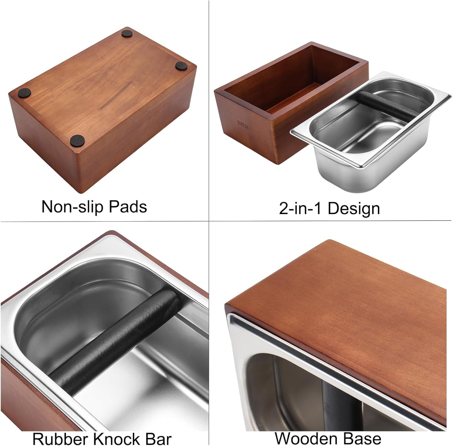 DIBTSA Knock Box Espresso, Coffee knockbox with Rubber Knock Bar and Anti-slip Pad, Commercial Use Large Capacity, Stainless Steel and Wooden, Espresso Accessory