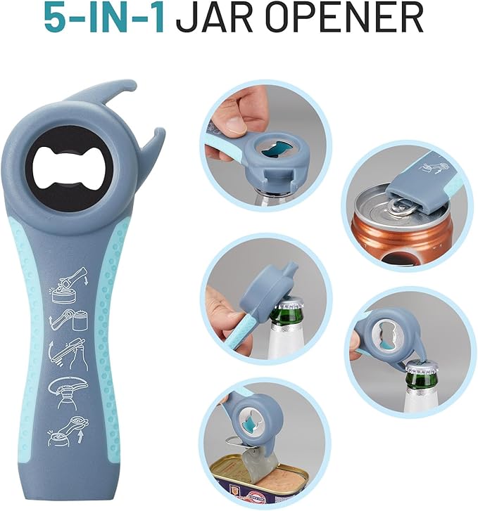 Jar Bottle Opener for Weak Hands,4 &5 in 1 Multi Function Non-Slip Can Lid Opener Tools with Silicone Jar Gripper Pad,Suitable for Seniors,Children and Arthritic Hands (Light Blue)