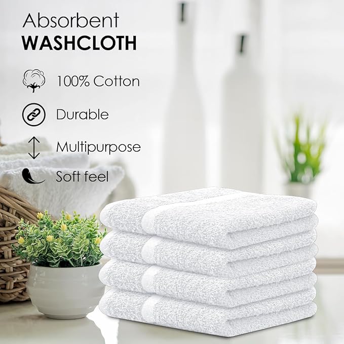 Avalon Towels Cotton Washcloths – (Pack of 24) Size 12x12 Inches, 100% Ring Spun Cotton, Soft & Absorbent Face Towels, Gym Towels, Hotel and Spa Quality, Reusable Fingertip Towels (White)