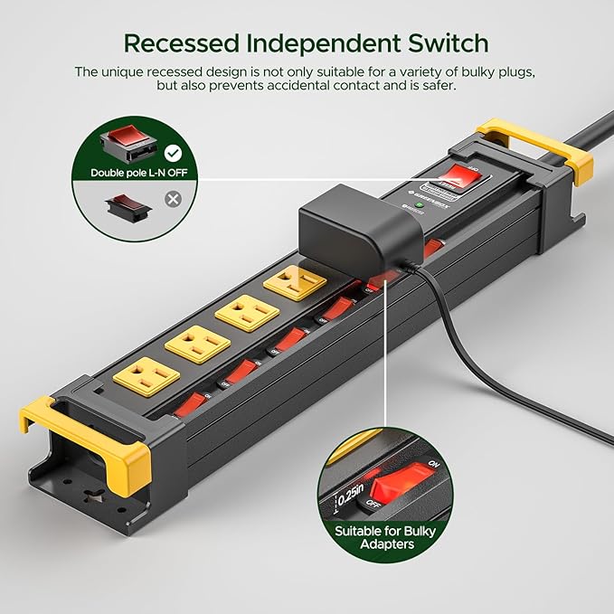 6 Outlet Heavy Duty Power Strip with Individual Switches, 3300J Surge Protector Metal Mountable Power Strip, 6FT Cord Management, Wide-Spaced, ETL Listed (15A/1875W)