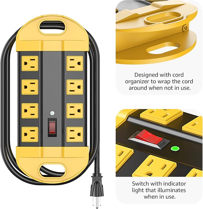 CCCEI Heavy Duty Power Strip Surge Protector, Metal 8 Outlets Power Strip for Appliance. Garage Shop Industrial Workbench 15 AMP Outlets Strip. 6FT Extension Cord. Set