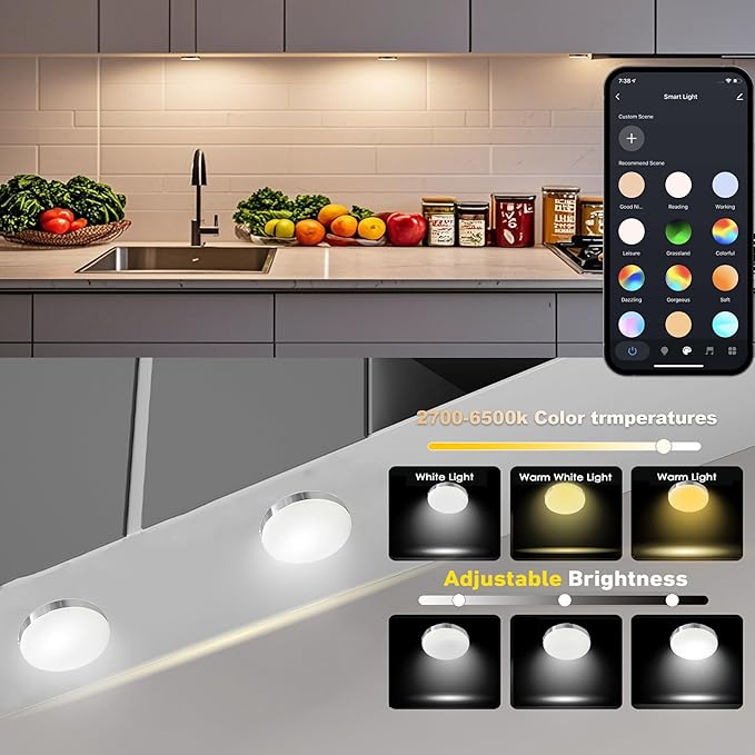 6 PCS Aluminum Puck WiFi White Color Temperature Adjustment Under Cabinet Lights Kit Work with Alexa,Google Assistant,App and RF Remote, with Timmer Dimmable Under Counter Lights for Kitchen Bedroom