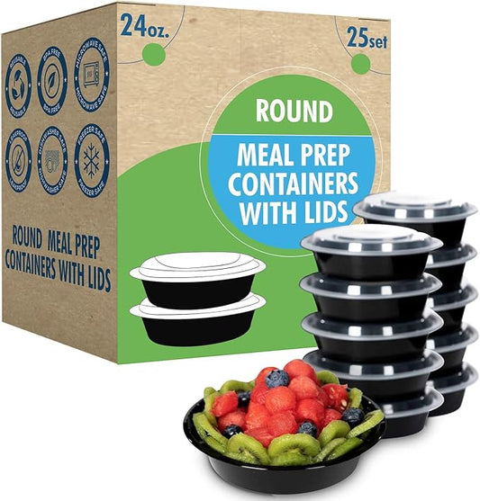 Meal Prep Container Reusable with Lids [25 Set- 24oz] Round Ideal-Food Prep Containers, Food Storage Bento Box | Stackable | Microwave | Dishwasher | Freezer Safe.