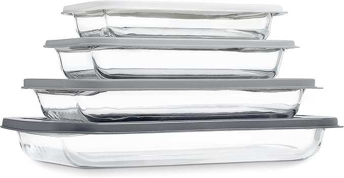 COOK WITH COLOR 8-Piece Deep Glass Baking Dish Set with Plastic Lids – Casserole and Food Storage Containers for Lasagna, Leftovers – Freezer-to-Oven, Microwave & Dishwasher Safe, Grey