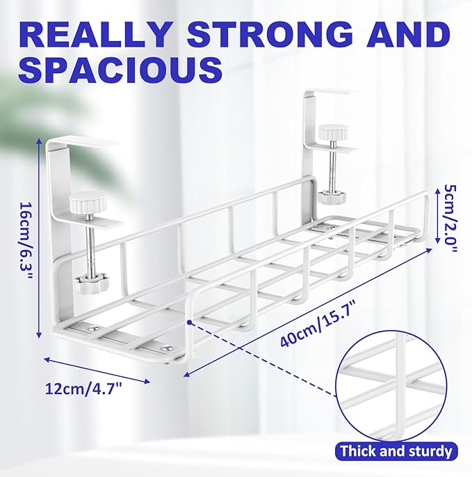 Under Desk Cable Management Tray, 15.7'' White No Drill Steel Desk Cable Organizers, Wire Management Tray Cable Management Rack, Desk Cable Tray with Wire Organizer White(2 pack)