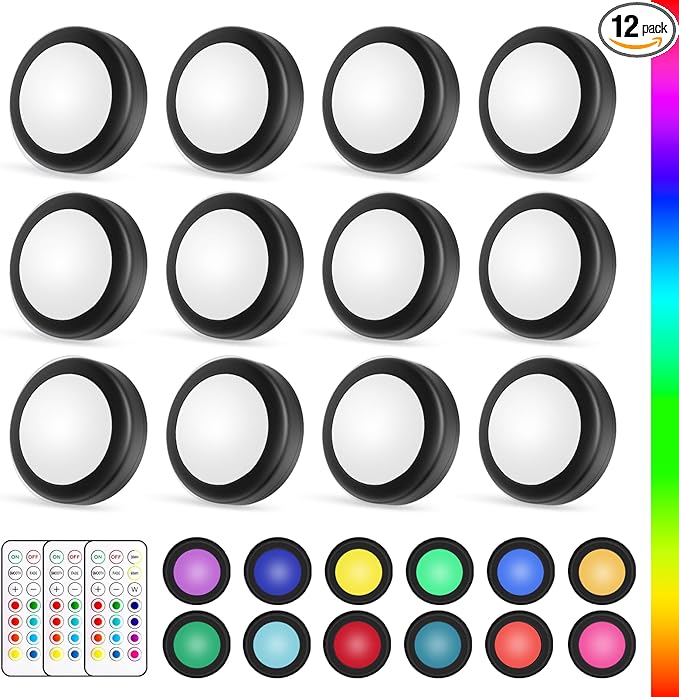 Yiliaw LED Puck Lights with Remote Control, AA Battery Operated Lights, 12 Color Closet Under Cabinet Lighting, Push Tap Light, Under Counter Light for Kitchen, 12 Pack, Black