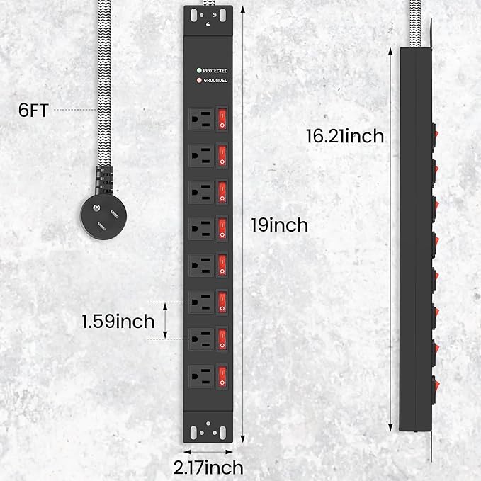 Rack Mount Power Strips,8 Outlet Strips Surge Protector with Individual Switches, PDU Power Strip for Server Racks, 14AWG Heavy-Duty Braided Extension Cord,2700J,15A 125V 1875W (6 FT Cable)