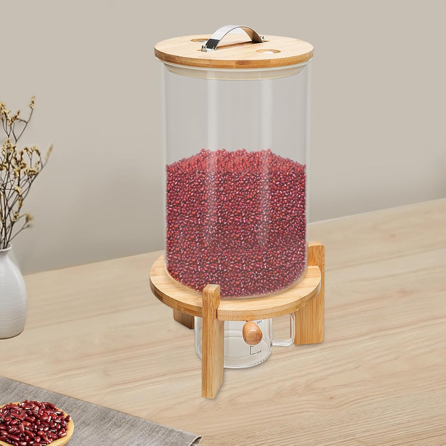CNCEST Flour and Cereal Container, Glass Rice Dispenser, Countertop Cereal Dispenser with Measuring Cup, Airtight Lid & Wooden Stand for Storing Rice, Flour, Nuts, Coffee Beans (7.5L/1.98Gal)