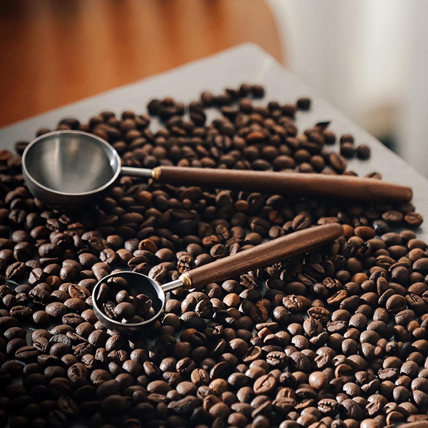 Coffee Spoon - Vintage Walnut Wood Handle, Stainless Steel Coffee Scoop ，Stainless Steel Tea Scoopand Seasoning Spoons (1, Rose Gold, 5g Capacity)