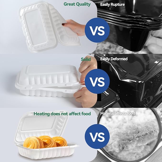 Food Containers 27 oz 9x6 50 Pack - Shrink Wrap Clamshells with Locking Hinge | BPA Free Mineral Filled PP | Freezer & Microwave Safe | Commercial White Reusable Meal prep Boxes for Takeout