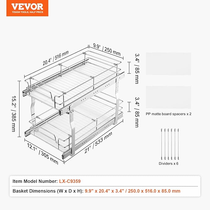 VEVOR Pull Out Cabinet Organizer, 12"W x 21"D Heavy Duty Slide Out Pantry Shelves, Chrome-Plated Steel Roll Out Drawers, Sliding Drawer Storage for Home, Inside Kitchen Cabinet, Bathroom, Under Sink