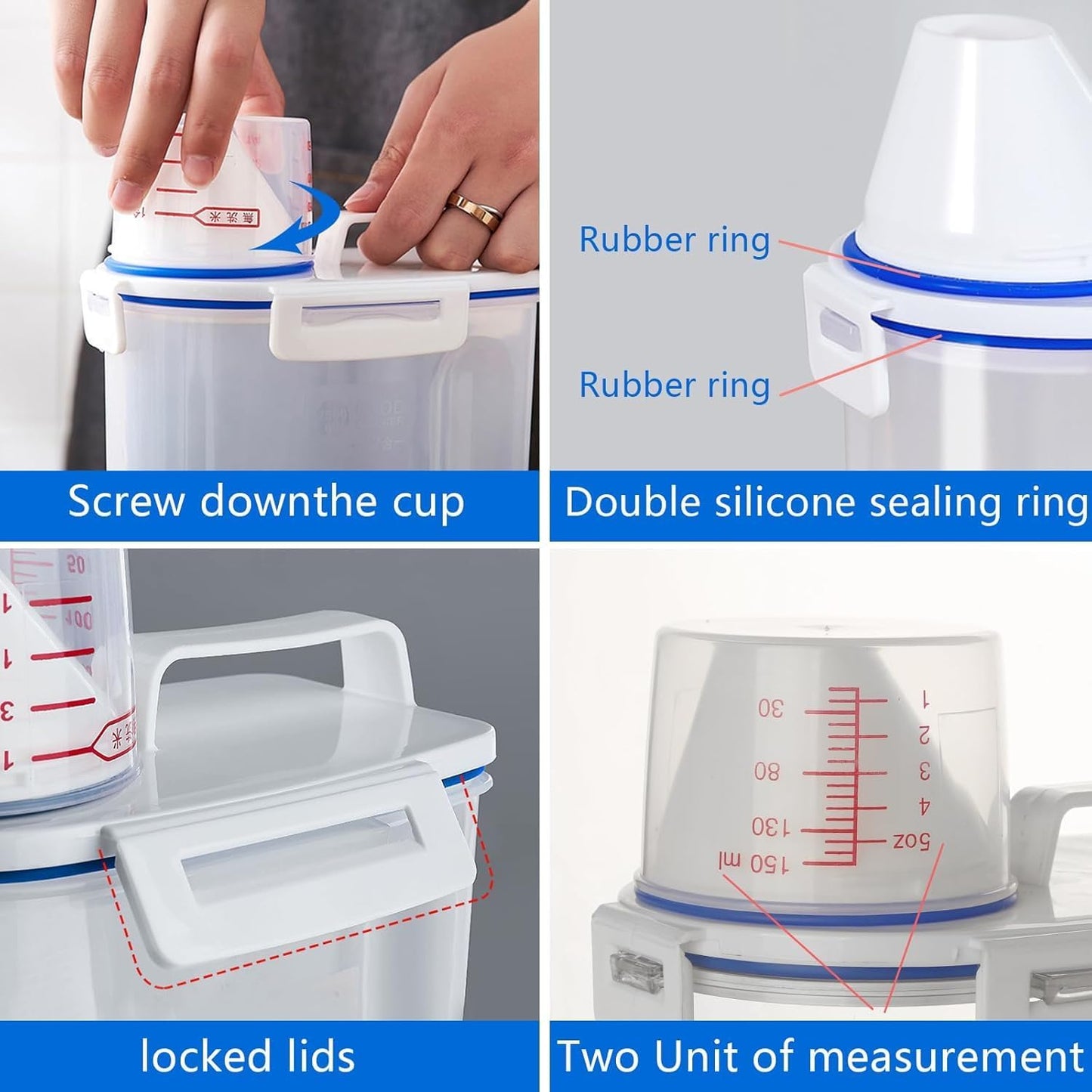 5.5 Lbs Rice Airtight Dry Food Storage Container Set of 4, Rice Storage Bin Cereal Containers Dispenser, Thicken Plastic Clear Food Storage Box with Pouring Spout, Measring Cup for Grain, Flour Snacks