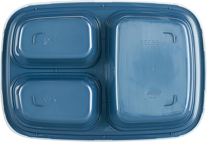 Restaurantware Asporto 26 Ounce Compartment Take Out Boxes, 100 Microwavable Meal Prep Containers - 3 Compartments, With Clear Plastic Lids, Midnight Blue Plastic Food Containers, Do Not Contain BPA