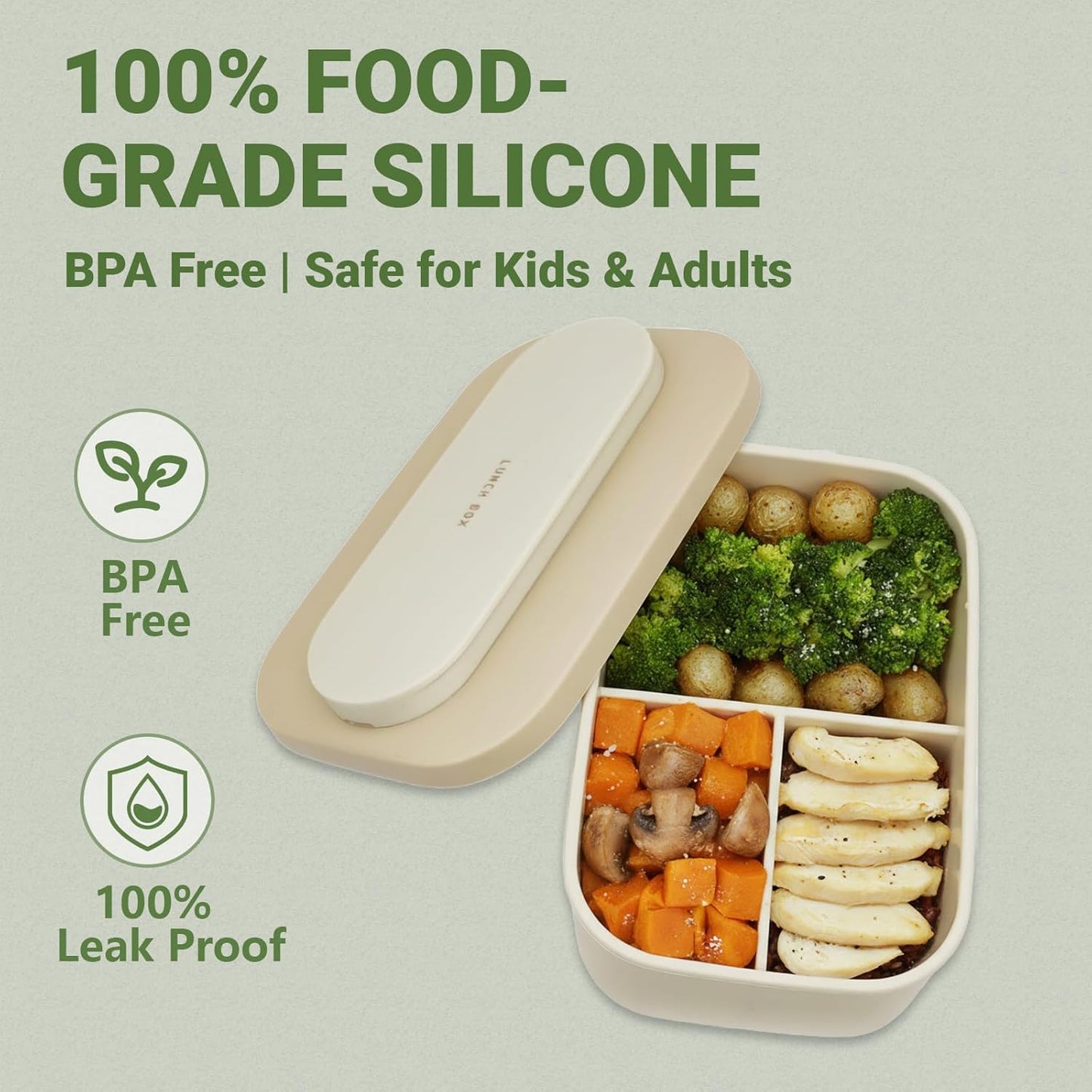 Silicone Bento Box Lunch Box for Adults, Lunch Food Container with 3 Compartment, BPA-Free and Leakproof, Microwave & Dishwasher Safe (Beige)