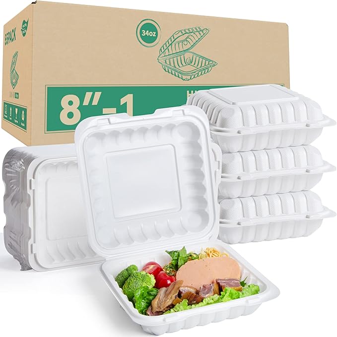Takeout Container Mineral Filled PP Plastic - 8 Inch 34oz 55 Pack | Shrink Wrap BPA Free To Go Boxes | Reusable Dishwasher Microwave Freezer Safe for Food Delivery | White Disposable Containers