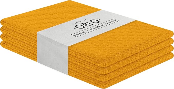 Mustard Yellow Waffle Kitchen Towels, 16x26 Inches, Absorbent, Soft, Durable, 100% Cotton, Fast Drying, Machine Washable, Reusable, Perfect for Cleaning, Multipurpose Towels, Set of 4