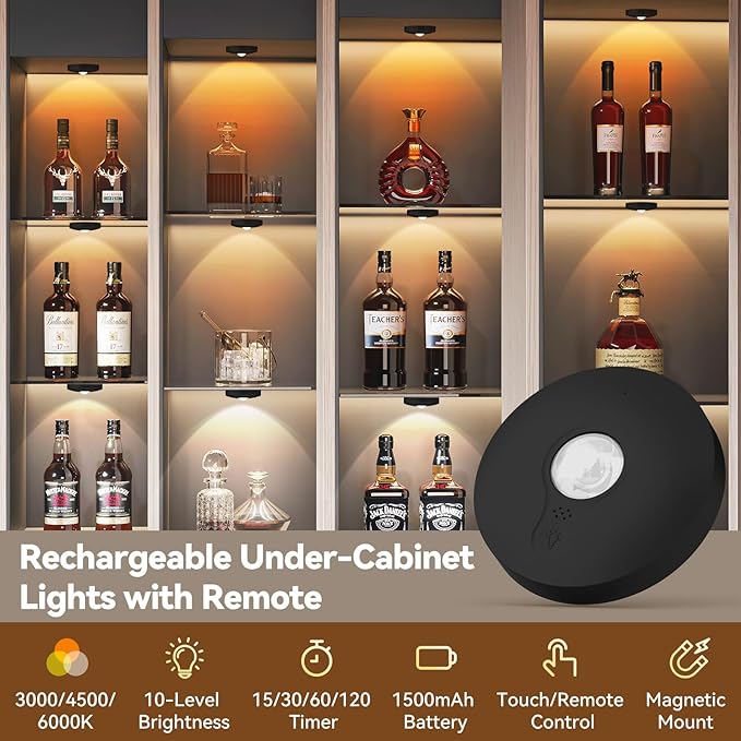 Yiliaw Rechargeable Puck Lights with Remote, 6 Pack Magnetic Under Cabinet Lighting, 1500mAh Battery Operated LED Tap Lights with Dimmer & Timmer for Kitchen, Closet, Shelf - 3 Color Temps, Black