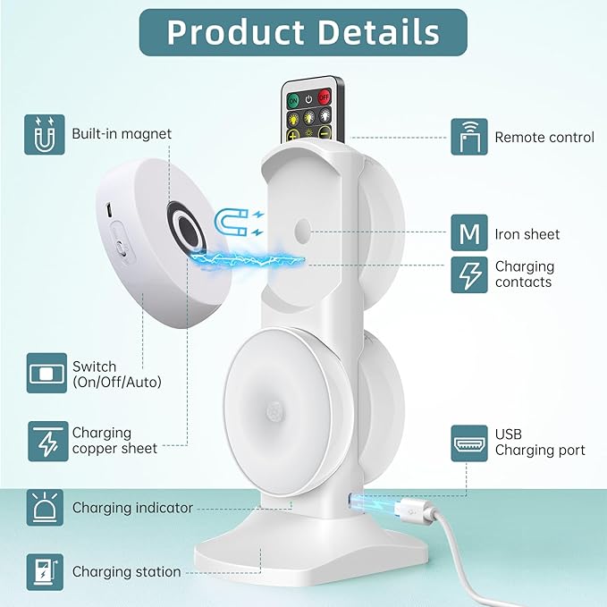 Wireless Motion Sensor Puck Step Lights with Charging Station, 3 Colors USB Rechargeable LED Closet Light with Remote, Dimmable Under Cabinet Lighting with Remote Control, Stick-on Lights (4 Pack)