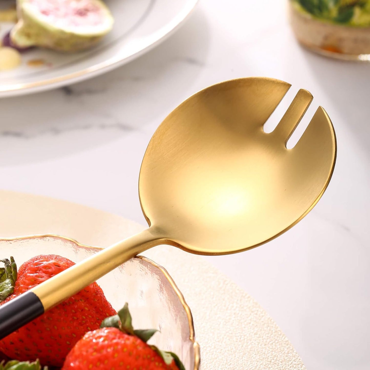 Black Gold Salad Serving Utensils, Stainless Steel Spoons, 2Pcs Long Handle Servers 11.42 Inch, Matte Finish, Dishwasher Safe