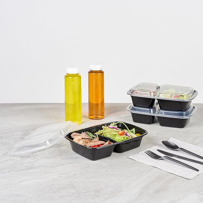 Restaurantware Asporto 32 Ounce Compartment Take Out Boxes, 50 Microwavable Meal Prep Containers - 2 Compartments, With Clear Plastic Lids, Black Plastic Food Containers, Do Not Contain BPA