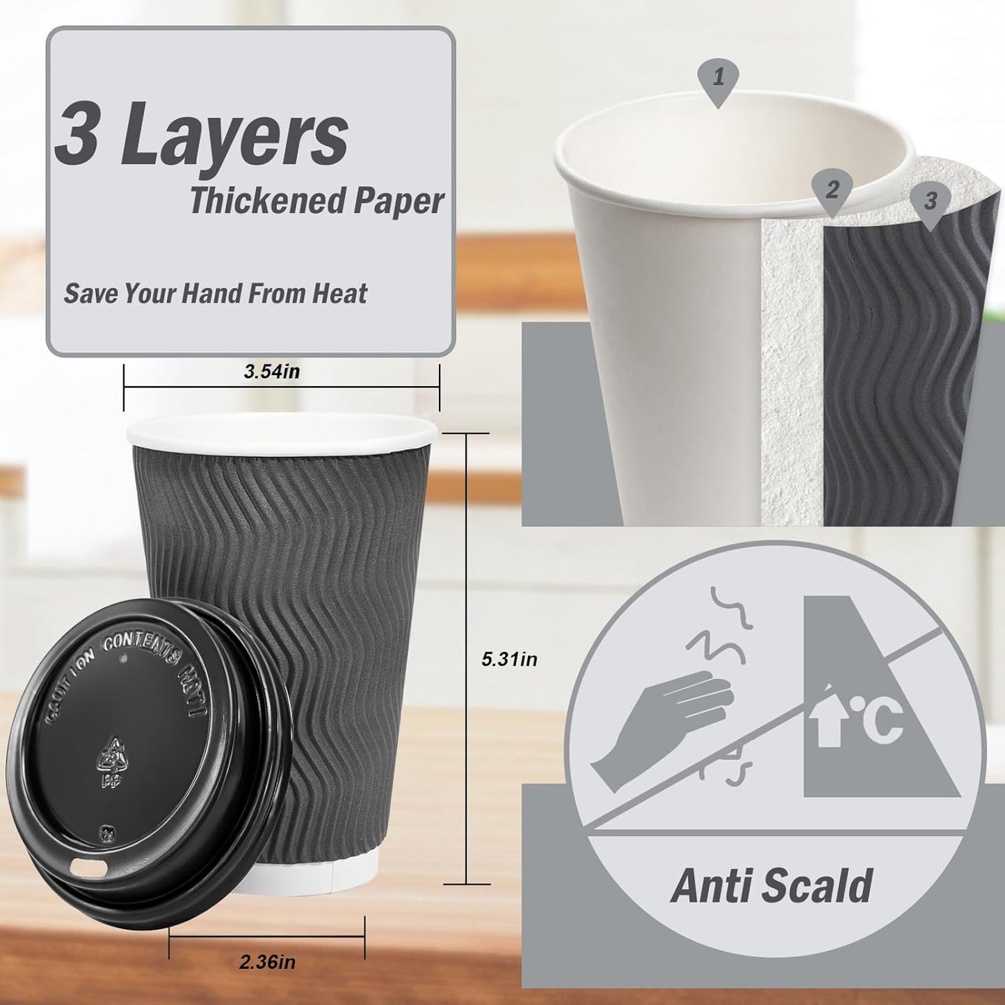 Lamosi 500 Pack - 16 oz Insulated Disposable Coffee Cups with Lids, To Go Paper Coffee Cups with Lids, Corrugated Ripple Wall Cup for Hot Drink Office Coffee Bar (Grey)