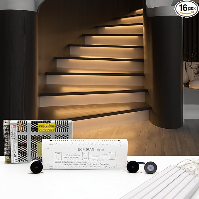 Motion-Activated Cascading Effect LED Stair Lighting Kit KMG-3233, 23.6" Aluminum Light Bar for Indoor Staircases (Warm White 3000K, 16 Stairs)
