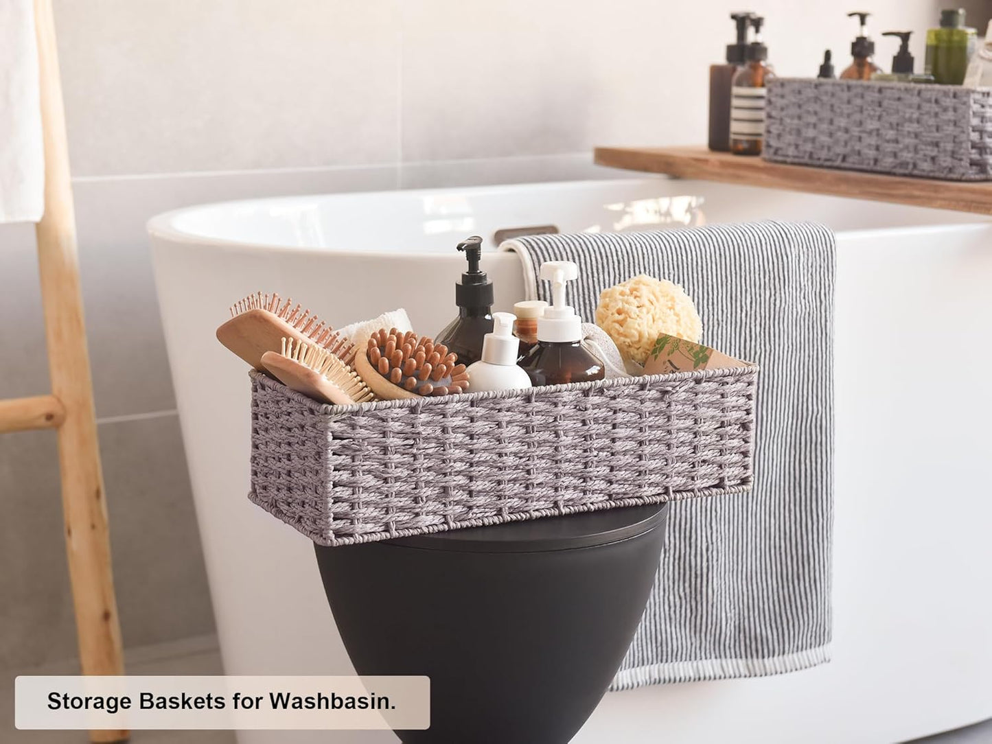 StorageWorks Round Paper Rope Toilet Tank Topper Basket, Wicker Basket for Bathroom, Gray, 2-Pack