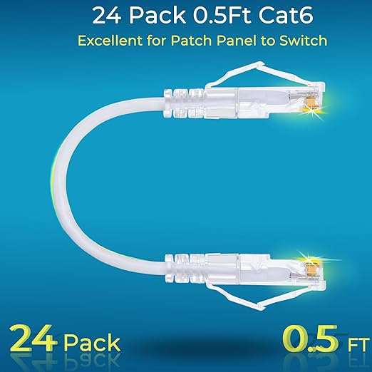 Rapink Patch Cables Cat6/ Cat6a 0.5ft (24 Pack) Slim, Cat6a Ethernet Patch Cable 10G Support, Snagless Cat 6 Patch Cable for Patch Panel to Switch, Flexiable Cat6 Ethernet Cable White