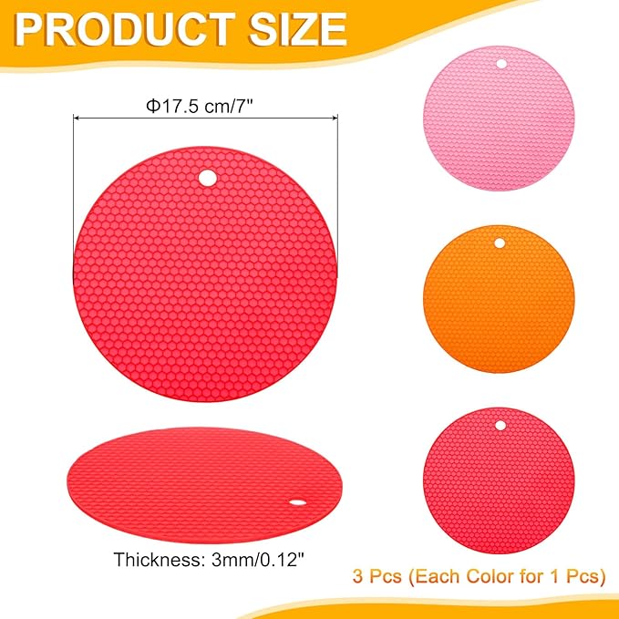 uxcell 3pcs Silicone Jar Opener Pads, 17.5cm/7" Texture Can Opener Multipurpose Round Bottle Lid Opener Non-Slip Coasters for Weak Hands Seniors Children, Pink, Orange, Red
