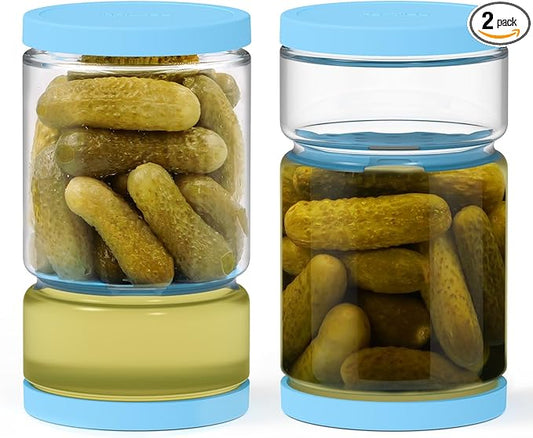 Glass Pickle Container with Strainer for Pickle Lover - 45OZ Leakproof Juice Separator Jar for Gherkin, Olive or Chilli, Dishwasher and Refrigerator Safe, BPA Free (Blue, 45 oz*2 pcs)