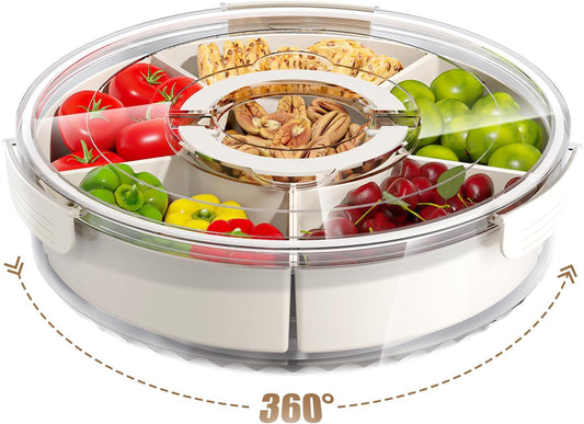 Divided Serving Tray with Lid and Handle,Large Snack Spinner,Snackle Box Container, Multi-Purpose Food Platter for Charcuterie Veggie Fruit, Taco Tuesday Movie Night Travel Beach Picnic Essentials
