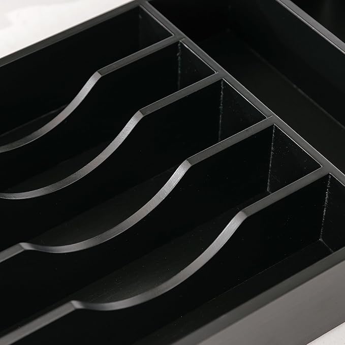 Silverware Organizer - Cutlery, Flatware, and Utensil Holder for Kitchen Drawers, Fixed 10.5” Width, 7 Storage Compartments, Non-Slip Feet, Rounded Corners, 100% Bamboo, Black Finish