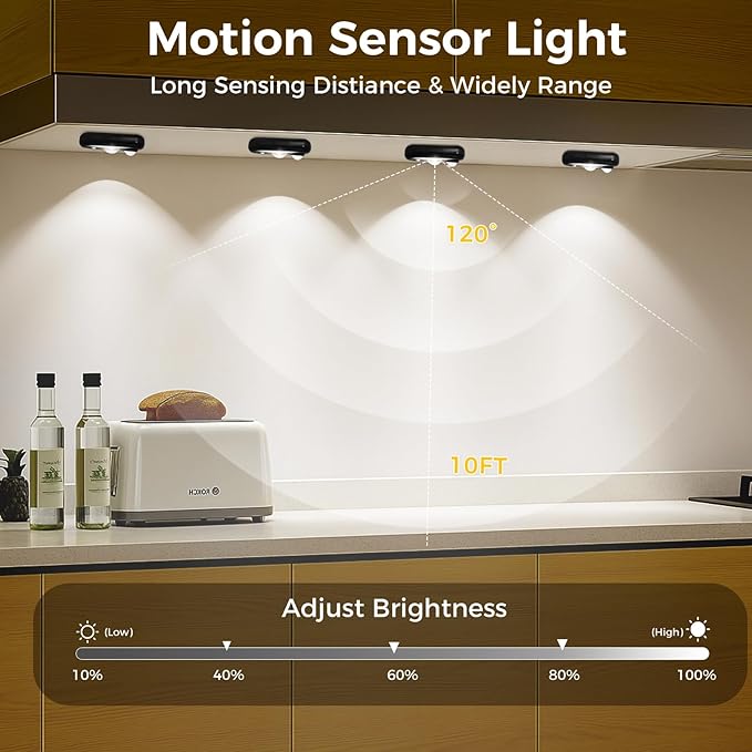 LED Motion Sensor Puck Lights, Small Rechargeable Under Cabinet Light, Dimmable Daylight White Closet Lights, Wireless Under Cabinet Lighting for Drawer, Kitchen (4 Pack)