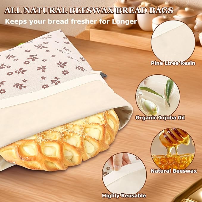 Reusable Sourdough Beeswax Bread Bags (2 Pack) - Beeswax Bag for Homemade Bread Storage, Coffee Leaf Print Design Storage Bag to Keep Freshand and Upgrade Large Capacity Portable