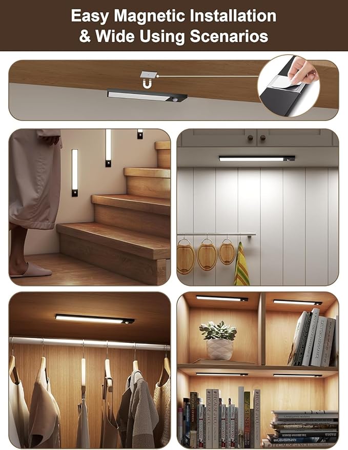 8inch Under Cabinet Lighting Wireless,56 LED -3 Color& 7 Levels Cabinet Lights,3000mah Dimmable Magnetic Cabinet Lights, Motion Activated Under Cabinet Light for kitchen丨Remote丨Magnetic 丨2pack