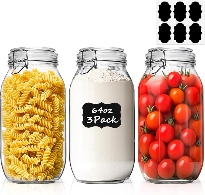 ComSaf Large Glass Jars with Lid 64 oz, Large Mason Jars Set of 3, Glass Canisters with Airtight Lids, Half Gallon Canning Jar with Seal Wire Clip Fastening for Kitchen, Pickle, Flour, Sugar, Cereal