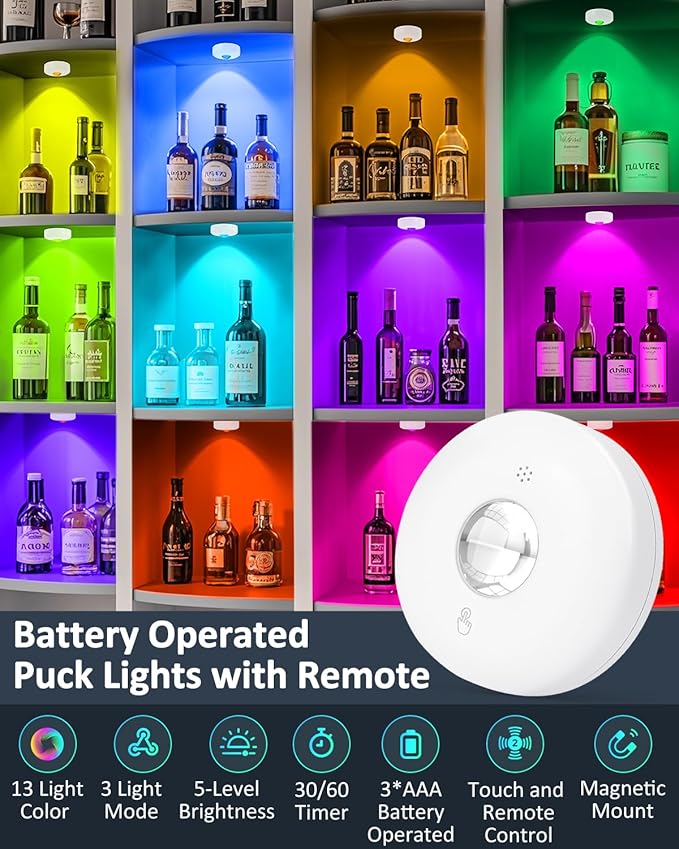 Yiliaw LED Puck Lights with Remote, Magnetic AAA Battery Operated Light, Under Cabinet Lighting, Tap Lights with Dimmer & Timmer for Kitchen, Closet, Shelf - 9 Pack, White