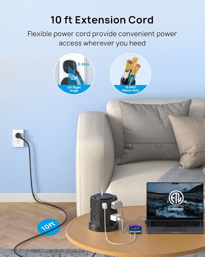 TROND Tower Surge Protector Power Strip with USB, 14 Widely Spaced Outlets, 2-USB C and 2 USB-A, 2100J Surge Protection, 10 Ft Extension Cord with Multiple Outlets Home, Office, Dorm Essentials Black