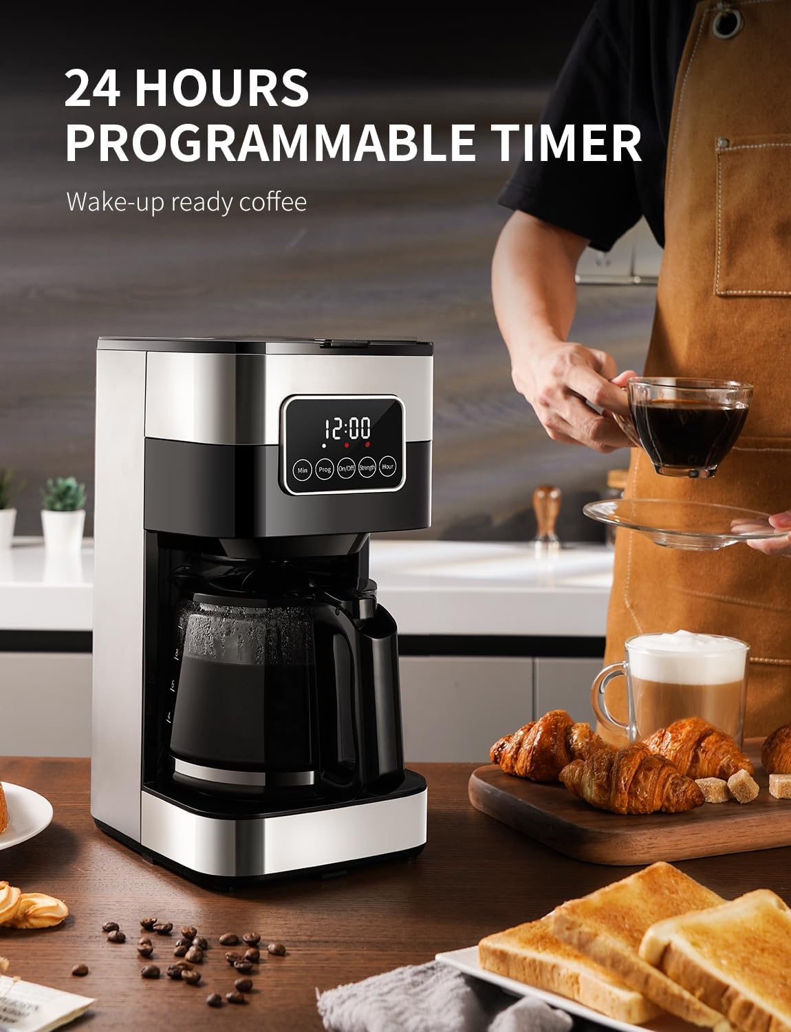 SHARDOR 10-Cup Programmable Coffee Maker, Regular & Strong Brew Drip Coffee Machine for Home and Office, Auto Shut Off, Permanent Filter, Silver