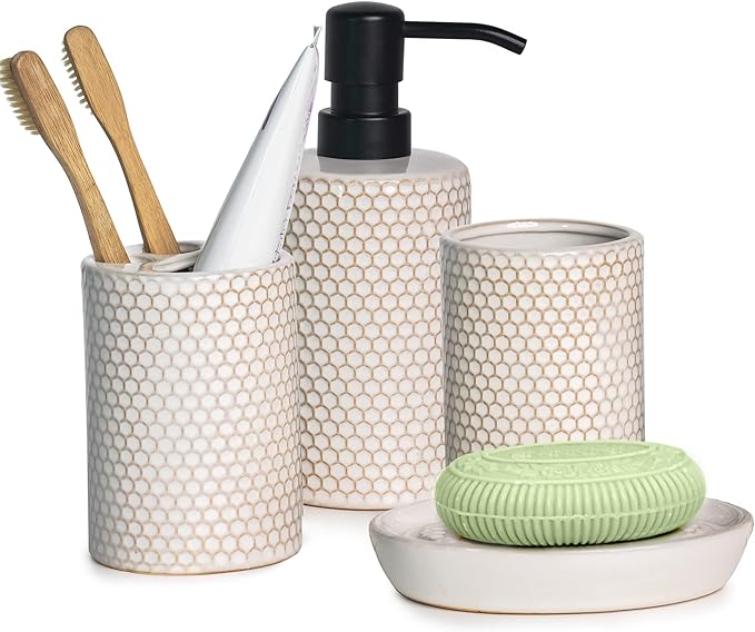 Bathroom Accessory Set-4 Pcs Complete, Honeycomb Pattern Ceramic Bathroom Accessories Gift Set Toothbrush Holder, Toothbrush Cup, Soap Dish, Soap Dispenser