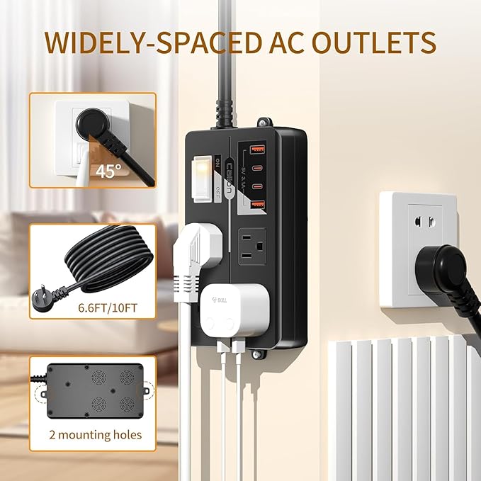 IPX6 Outdoor Power Strip Weatherproof, Waterproof Surge Protector with 4 Wide Outlet with 2A2C USB Ports, 10FT Long Extension Cord, Wall Mountable for Outside Decorations and More UL Listed(Black)