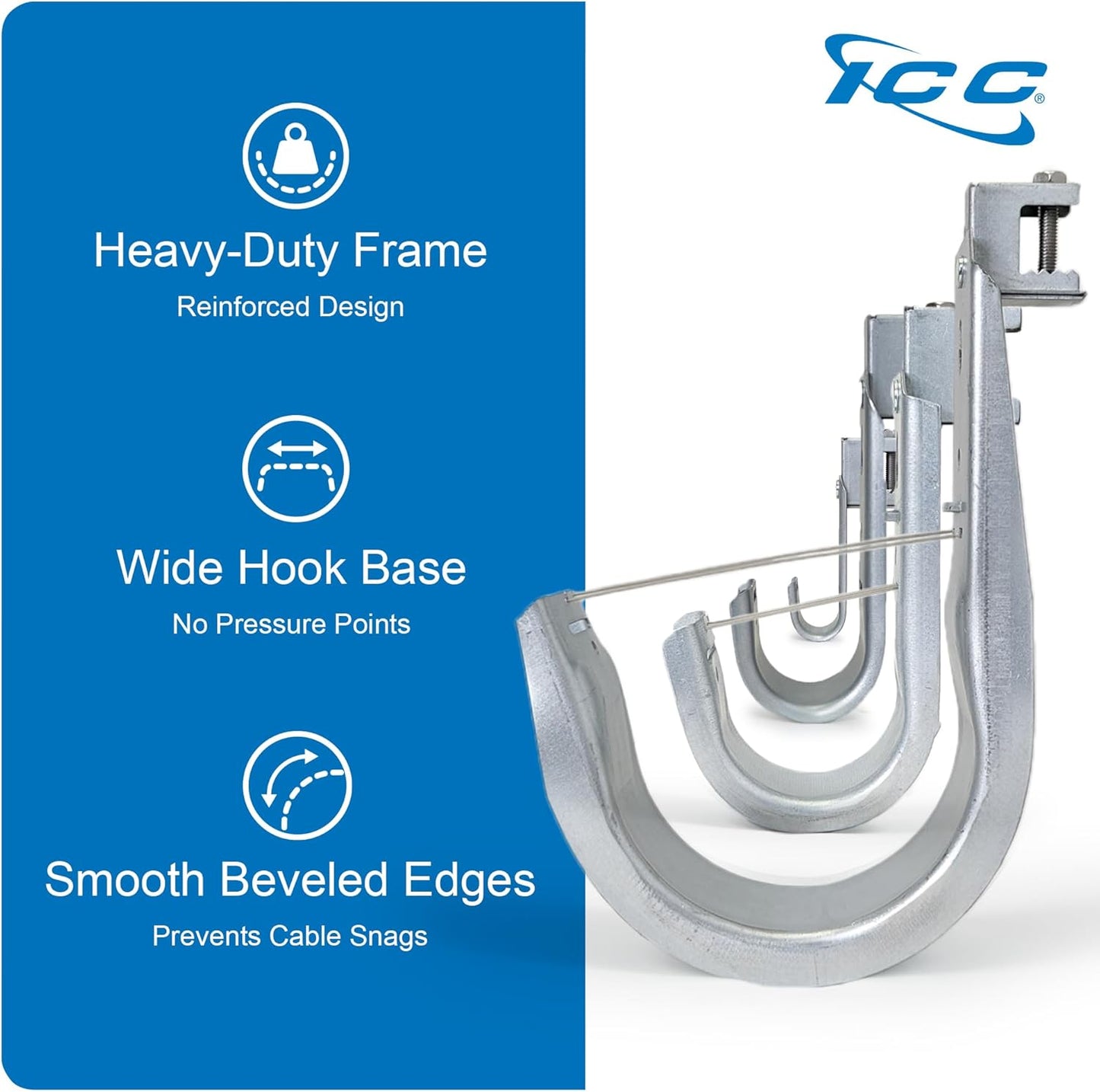 ICC Beam Clamp J Hook 1 5/16” Without Retainer Clip - Galvanized Steel Cable Management Hooks for Hanging Cable to Beams - Rust-Resistant, EIA and TIA Compliant - 1 5/16 Inch 25 Pack
