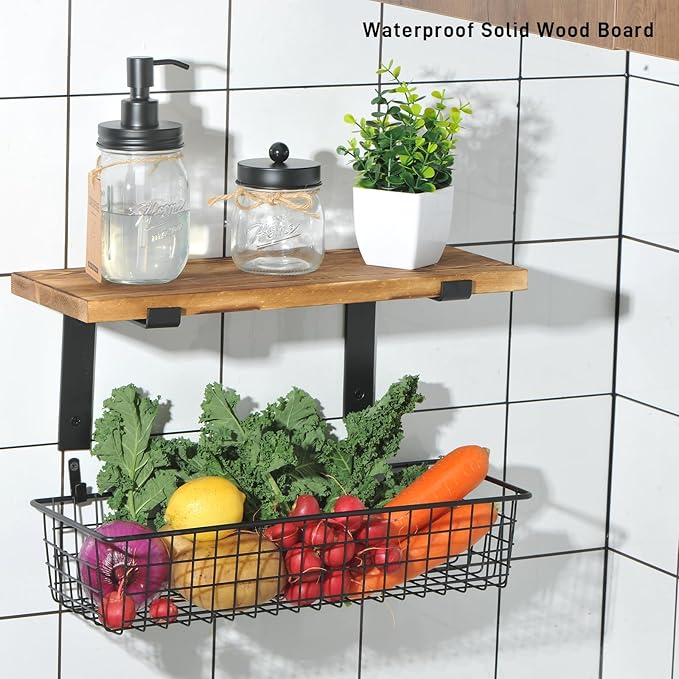 SheeChung Mason Jars Floating Shelves Set for Bathroom - 16oz Soap Dispenser, Toothbrush Holder, 2Pcs Qtip Holders, Paper Storage, Wall Mounted Farmhouse Decor, Artificial Plant, Decor Sign-Brown