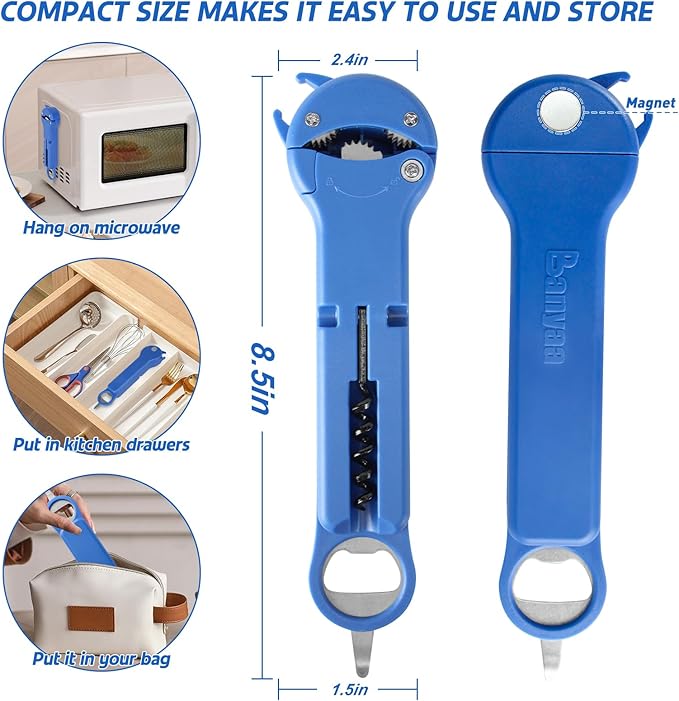 7 in 1 Jar Opener Bottle Opener and Wine Opener for Seniors with Arthritis, Weak Hands, Multi Retractable Magnetic Can Opener, Original Kitchen Lid Opener Tool (Blue)