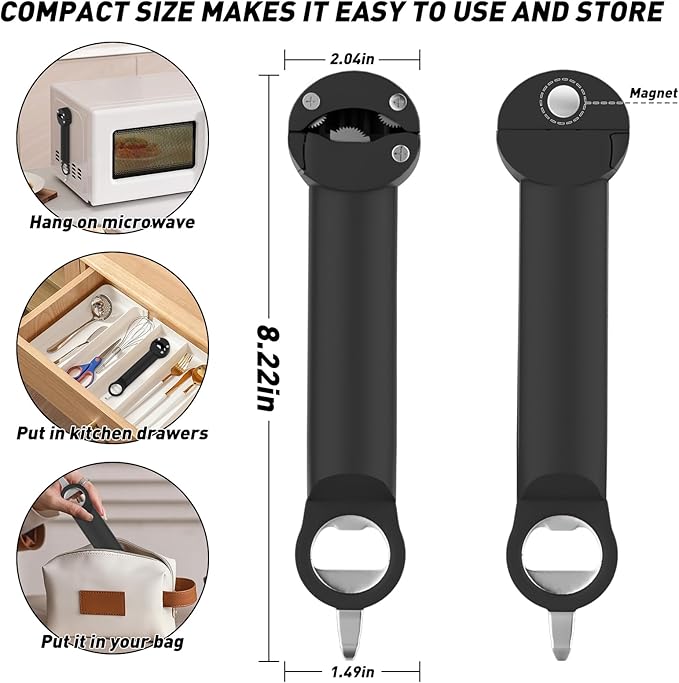 Jar and Opener for Seniors with Arthritis, Multifunctional Retractable Opener Magnetic Can Opener, Jar Grippers for Opening Jar Opener for Weak Hands (Black)