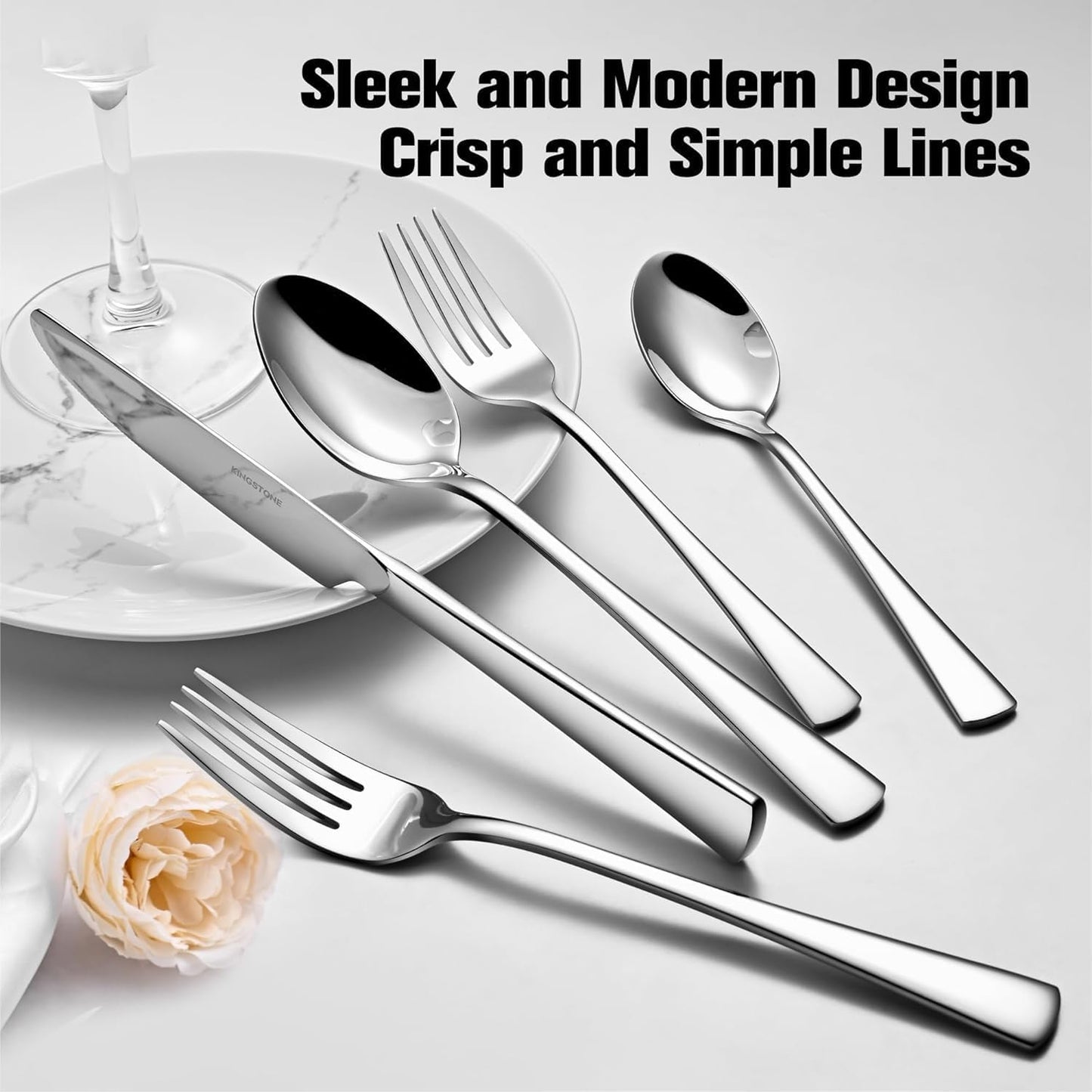 KINGSTONE Silverware Set for 8, 45-Piece Forged 18/10 Stainless Steel Flatware Set with Serving Utensils, Mirror Finish Cutlery Set Dishwasher Safe for Home, Restaurant, Wedding, Party