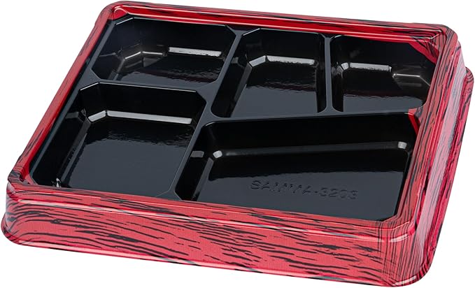 Restaurantware-Bento Tek 18.3 Ounce Meal Prep Containers, 50 Disposable To Go Food Boxes - Lids Sold Separately, 5 Compartments, Red And Black Plastic Bento Lunch Boxes, Freezable, For Take Out