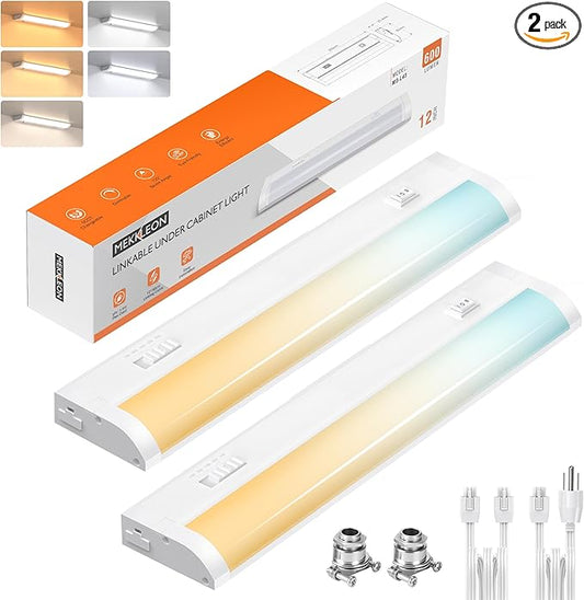 12inch Linkable Under Cabinet Lighting Hardwired Plug-in, Wired led Under Cabinet Lights with 5 CCT (2700/3000/3500/4000/5000) & Dimmable, Under Counter Lights for Kitchen, 6W, 600LM, 2 Pack