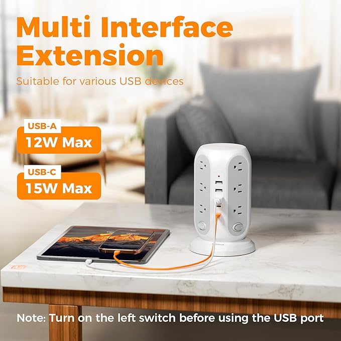 TESSAN Tower Power Strip with Individual Switches, Surge Protector with 12 Outlets, 5 USB Ports(2 USB C), Flat Extension Cord 10 Ft, Flat Plug, Charging Station for Multiple Devices, for Office, Dorm